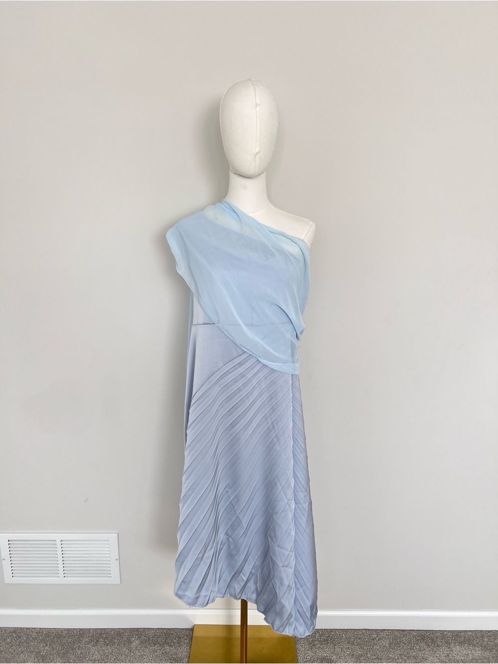 One-Shoulder Light Blue Pleated Midi Dress